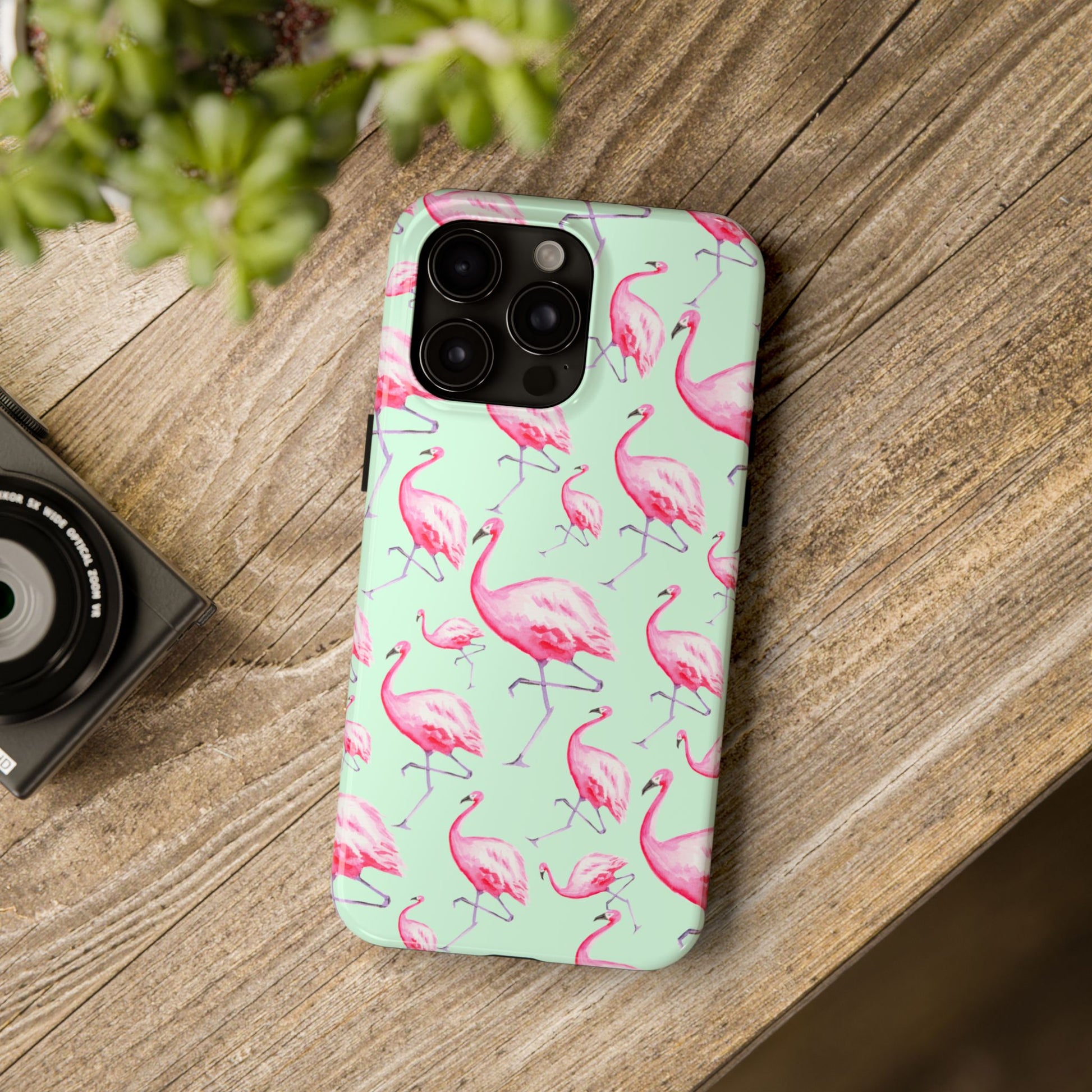 Pink Flamingos Watercolor Illustrated Tossed Pattern Green Phone Case | Various Models