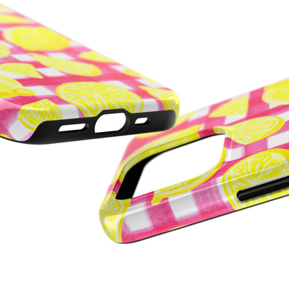 Yellow Lemons & Hot Pink Gingham Watercolor Illustrated Tough Phone Case | Various Models Available