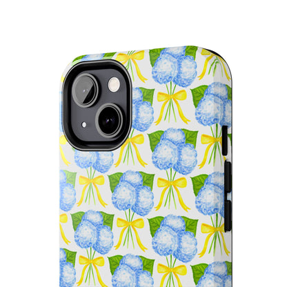 Blue Hydrangea Bouquets with Yellow Bow Ribbon Watercolor Illustrated Patterned Tough Phone Case | Various Models