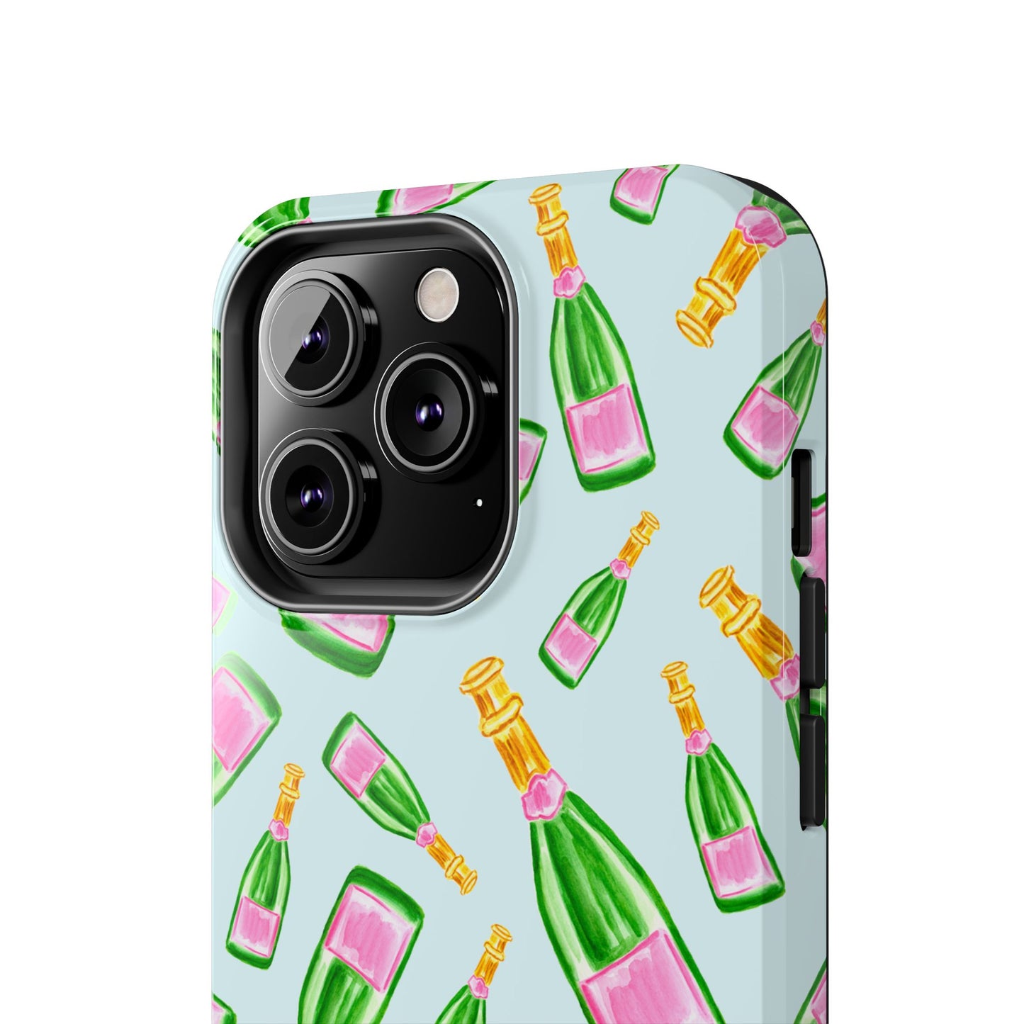 Tossed Pink and Green Watercolor Illustrated Champagne Bottles Pattern Light Blue Tough Phone Case | Various Models