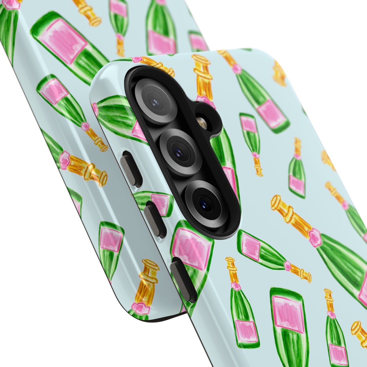 Tossed Pink and Green Watercolor Illustrated Champagne Bottles Pattern Light Blue Tough Phone Case | Various Models