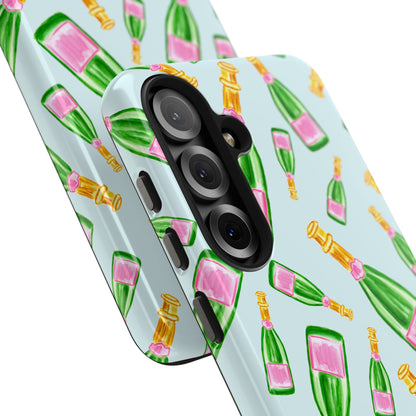 Tossed Pink and Green Watercolor Illustrated Champagne Bottles Pattern Light Blue Tough Phone Case | Various Models