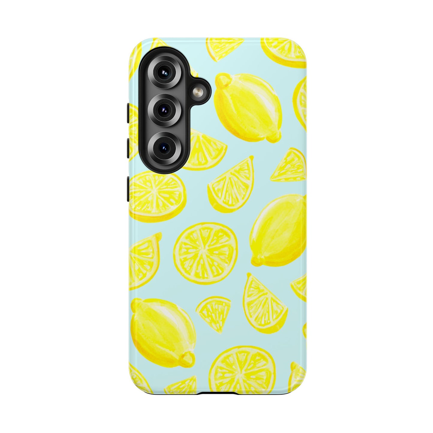 Bright Yellow Lemons Watercolor Illustrated Tossed Pattern Light Blue Tough Phone Case | Various Models