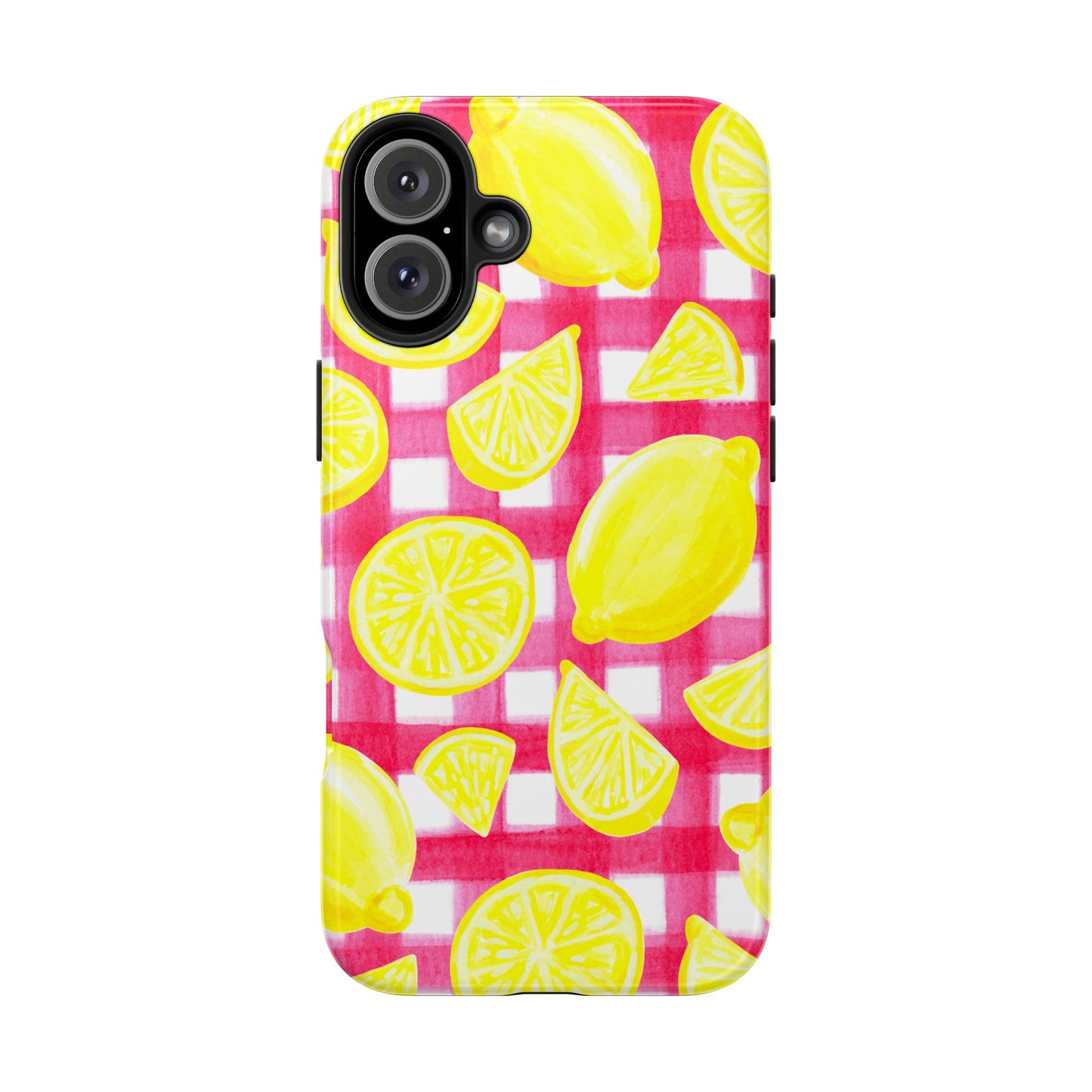 Yellow Lemons & Hot Pink Gingham Watercolor Illustrated Tough Phone Case | Various Models Available
