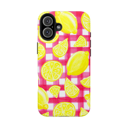 Yellow Lemons & Hot Pink Gingham Watercolor Illustrated Tough Phone Case | Various Models Available