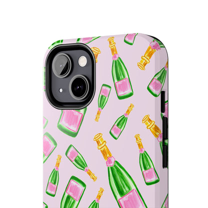 Tossed Pink and Green Watercolor Illustrated Champagne Bottles Pattern Blush Pink Tough Phone Case | Various Models