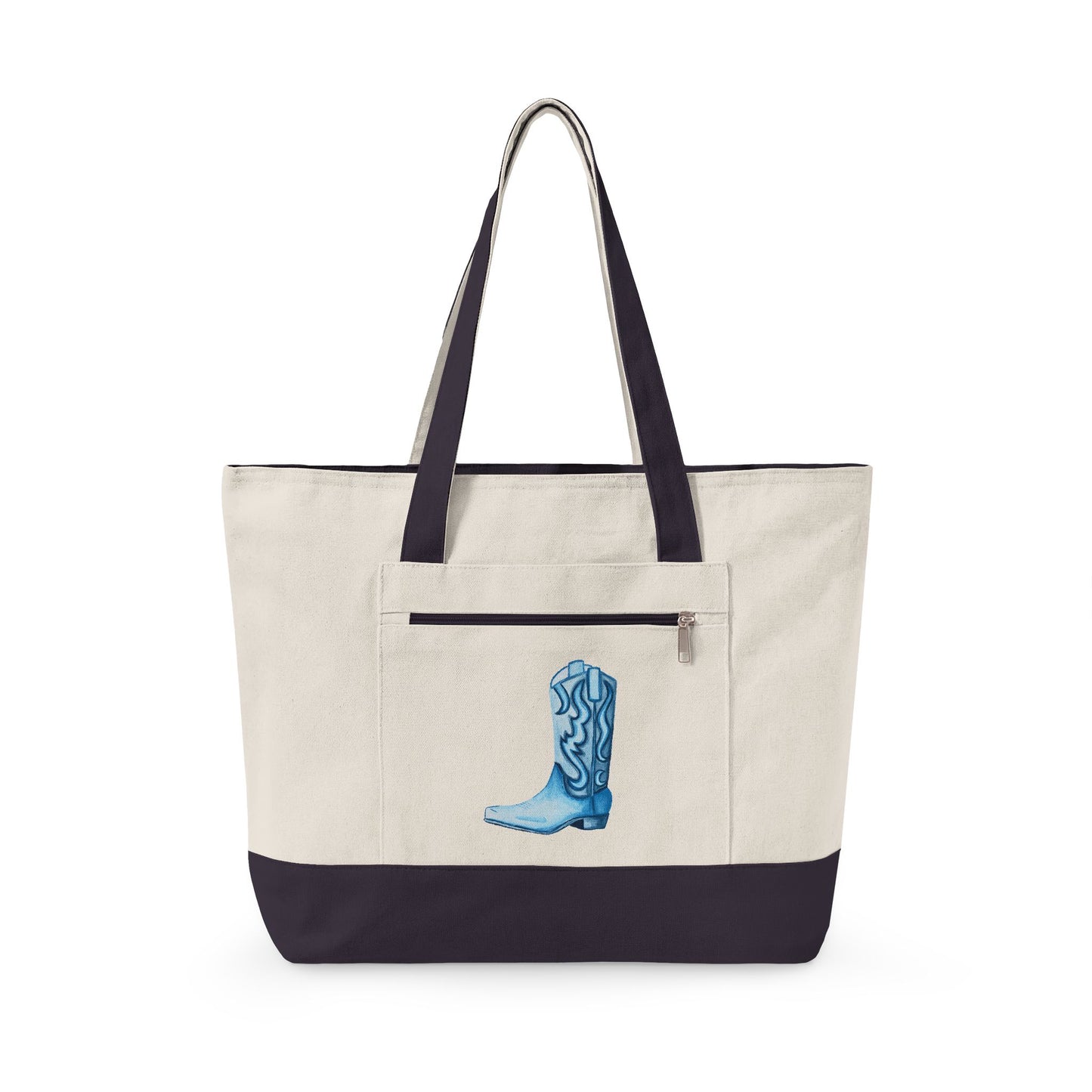 Navy Blue Cowboy Boot Watercolor Printed Zippered Canvas Tote 18" x 14" | Various Colors