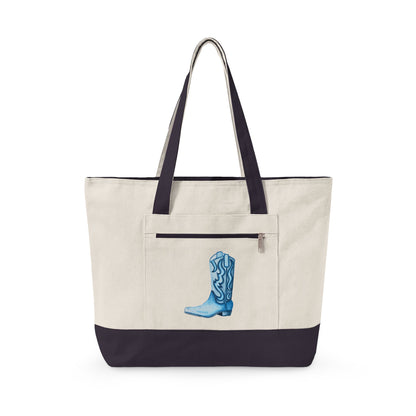 Navy Blue Cowboy Boot Watercolor Printed Zippered Canvas Tote 18" x 14" | Various Colors