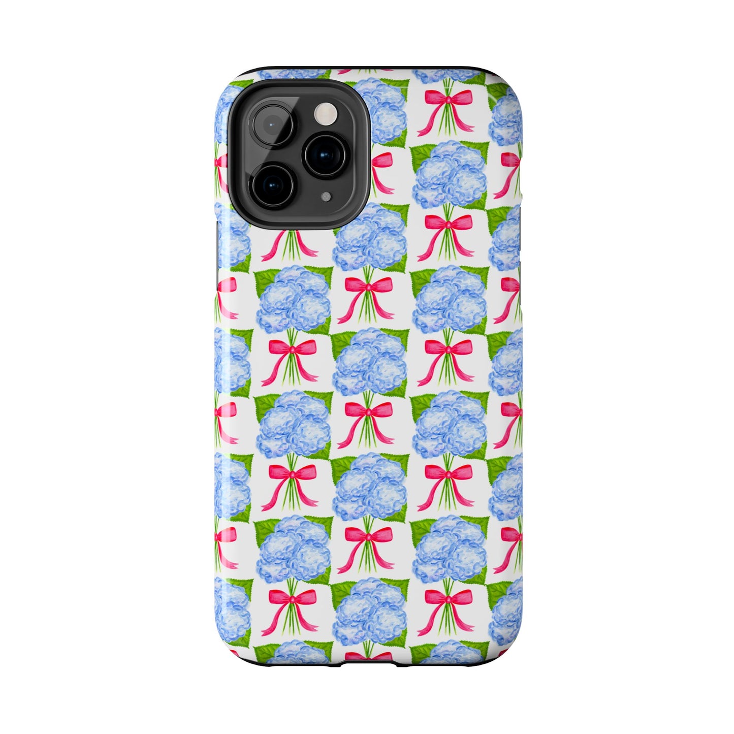 Blue Watercolor Hydrangea Bouquets with Hot Pink Bows Illustrated Patterned Tough Phone Case | Various Models