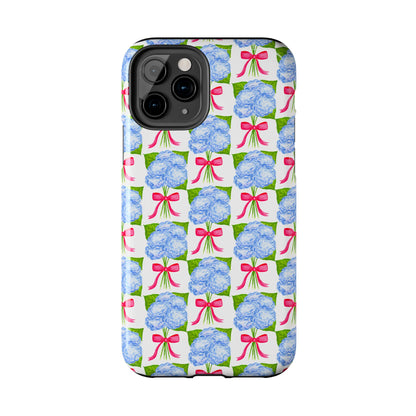 Blue Watercolor Hydrangea Bouquets with Hot Pink Bows Illustrated Patterned Tough Phone Case | Various Models