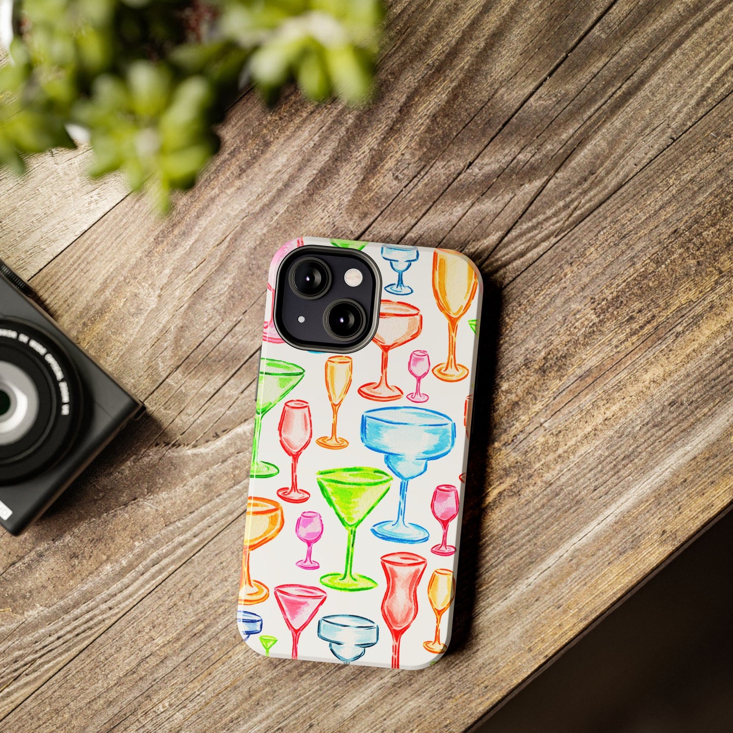 Monochromatic Margarita, Wine, Martini, and Champagne Flute Cocktail Glasses Watercolor Illustrated Tough Phone Case | Various Models Available