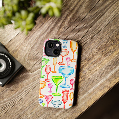 Monochromatic Margarita, Wine, Martini, and Champagne Flute Cocktail Glasses Watercolor Illustrated Tough Phone Case | Various Models Available