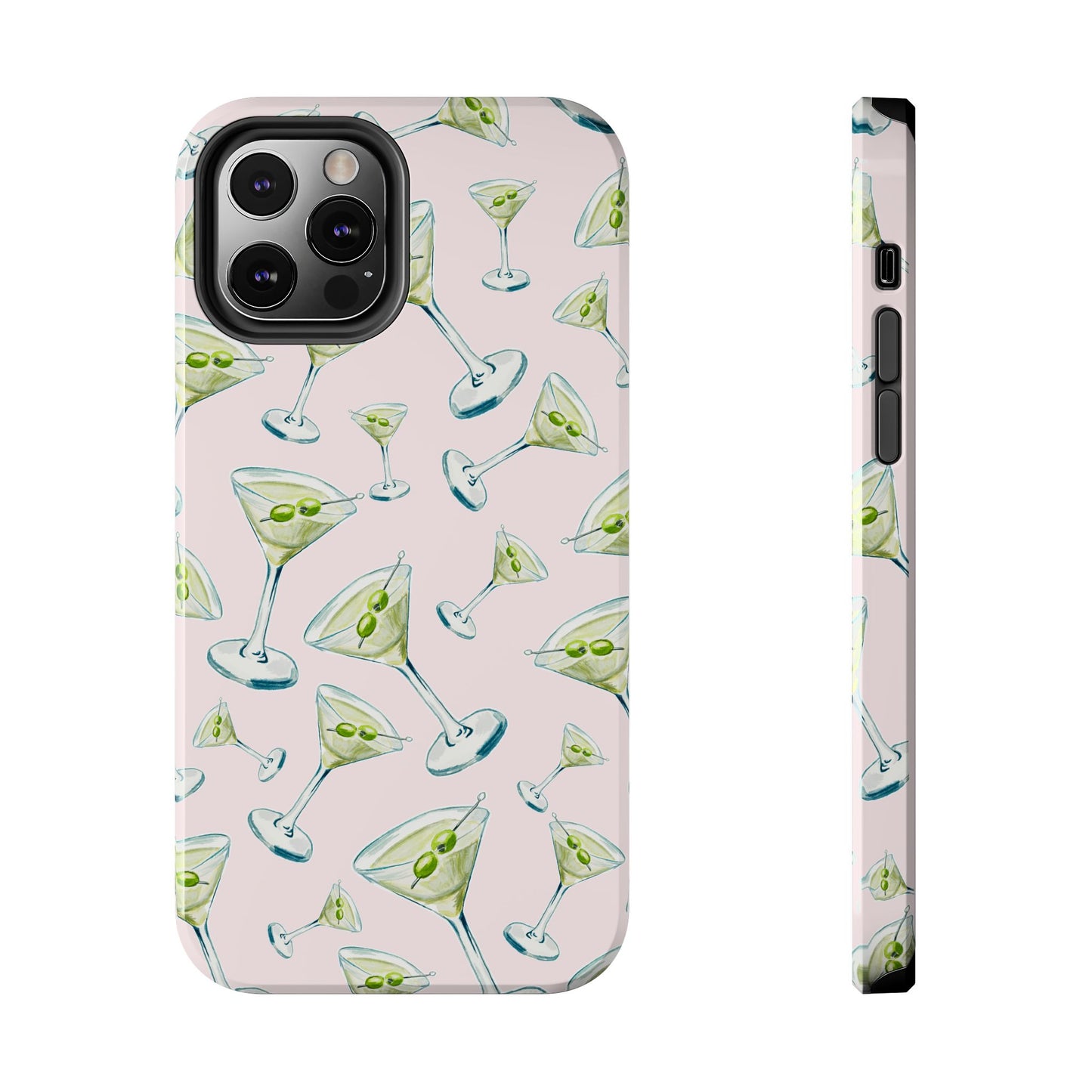 Watercolor Blue and Green Martinis Tossed Illustrated Pattern Blush Pink Tough Phone Case | Various Models