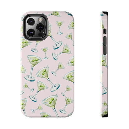 Watercolor Blue and Green Martinis Tossed Illustrated Pattern Blush Pink Tough Phone Case | Various Models