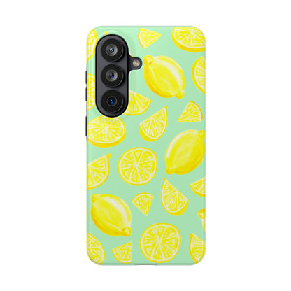 Bright Yellow Lemons Watercolor Illustrated Tossed Pattern Mint Green Tough Phone Case | Various Models