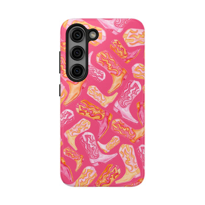 Tossed Hot Pink & Orange Watercolor Cowboy Boots Hot Pink Tough Phone Cases | Various Models Samsung Galaxy S23