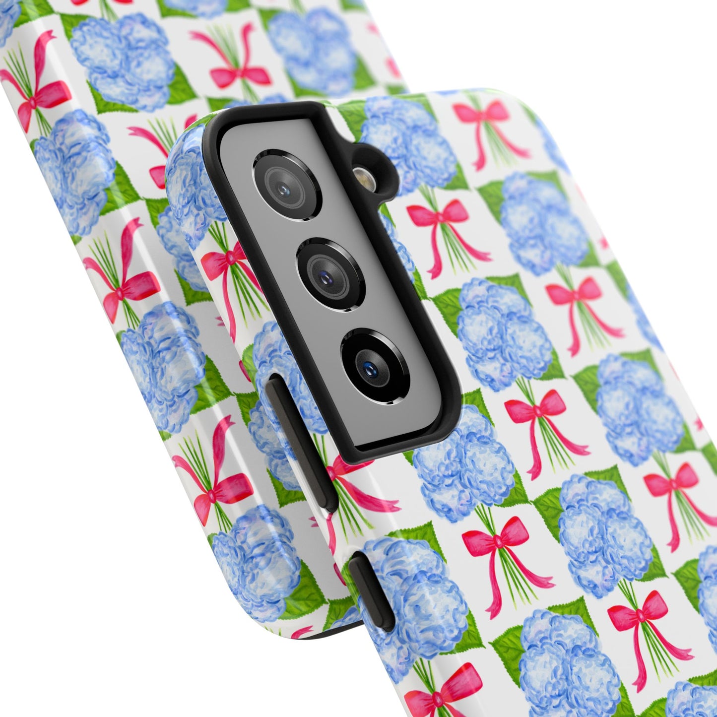 Blue Watercolor Hydrangea Bouquets with Hot Pink Bows Illustrated Patterned Tough Phone Case | Various Models