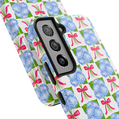 Blue Watercolor Hydrangea Bouquets with Hot Pink Bows Illustrated Patterned Tough Phone Case | Various Models