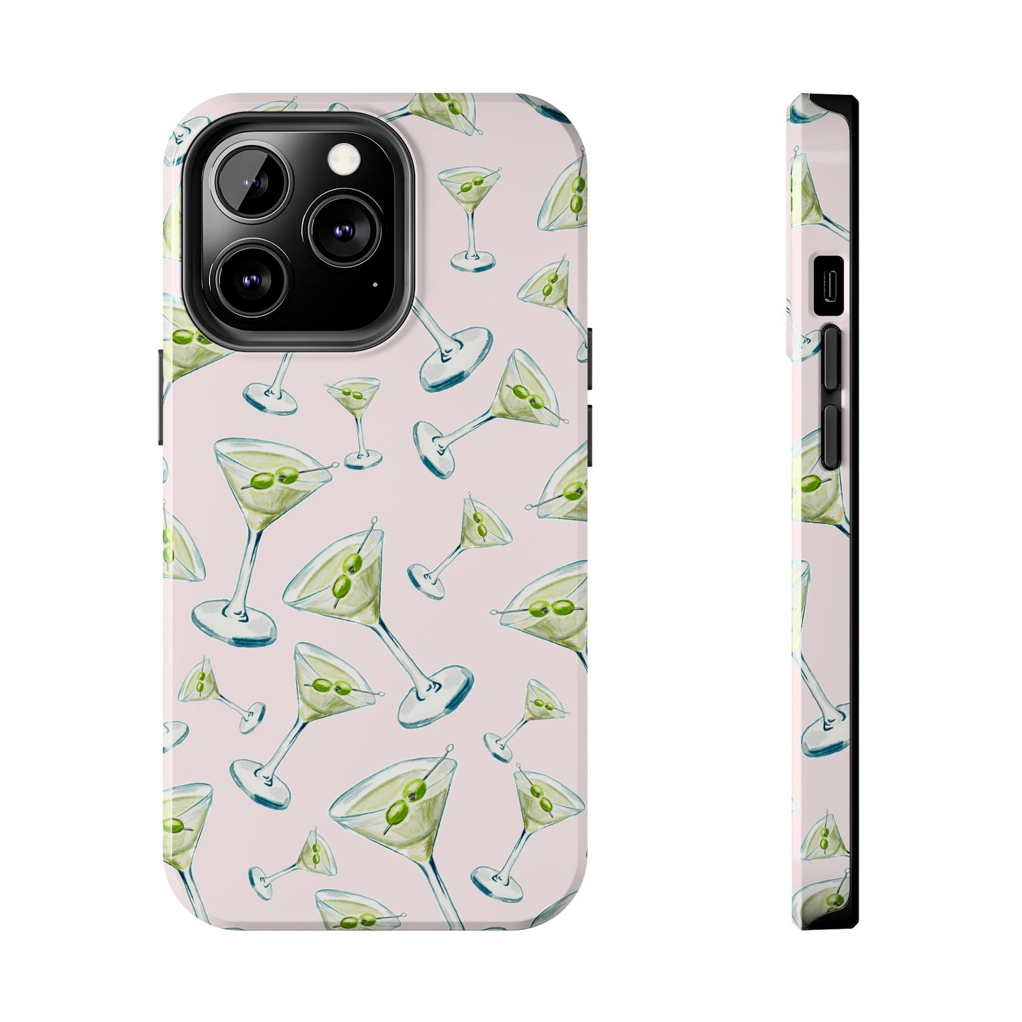 Watercolor Blue and Green Martinis Tossed Illustrated Pattern Blush Pink Tough Phone Case | Various Models