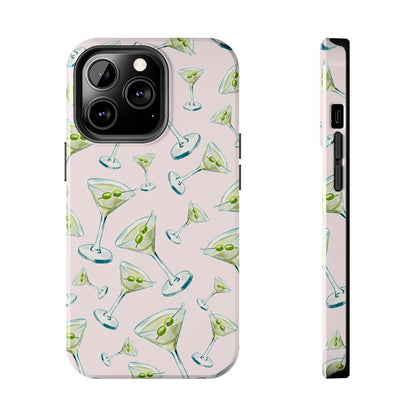 Watercolor Blue and Green Martinis Tossed Illustrated Pattern Blush Pink Tough Phone Case | Various Models