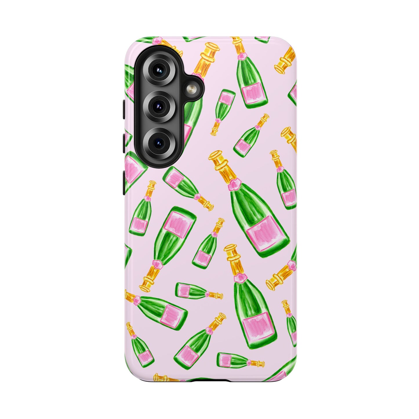 Tossed Pink and Green Watercolor Illustrated Champagne Bottles Pattern Blush Pink Tough Phone Case | Various Models