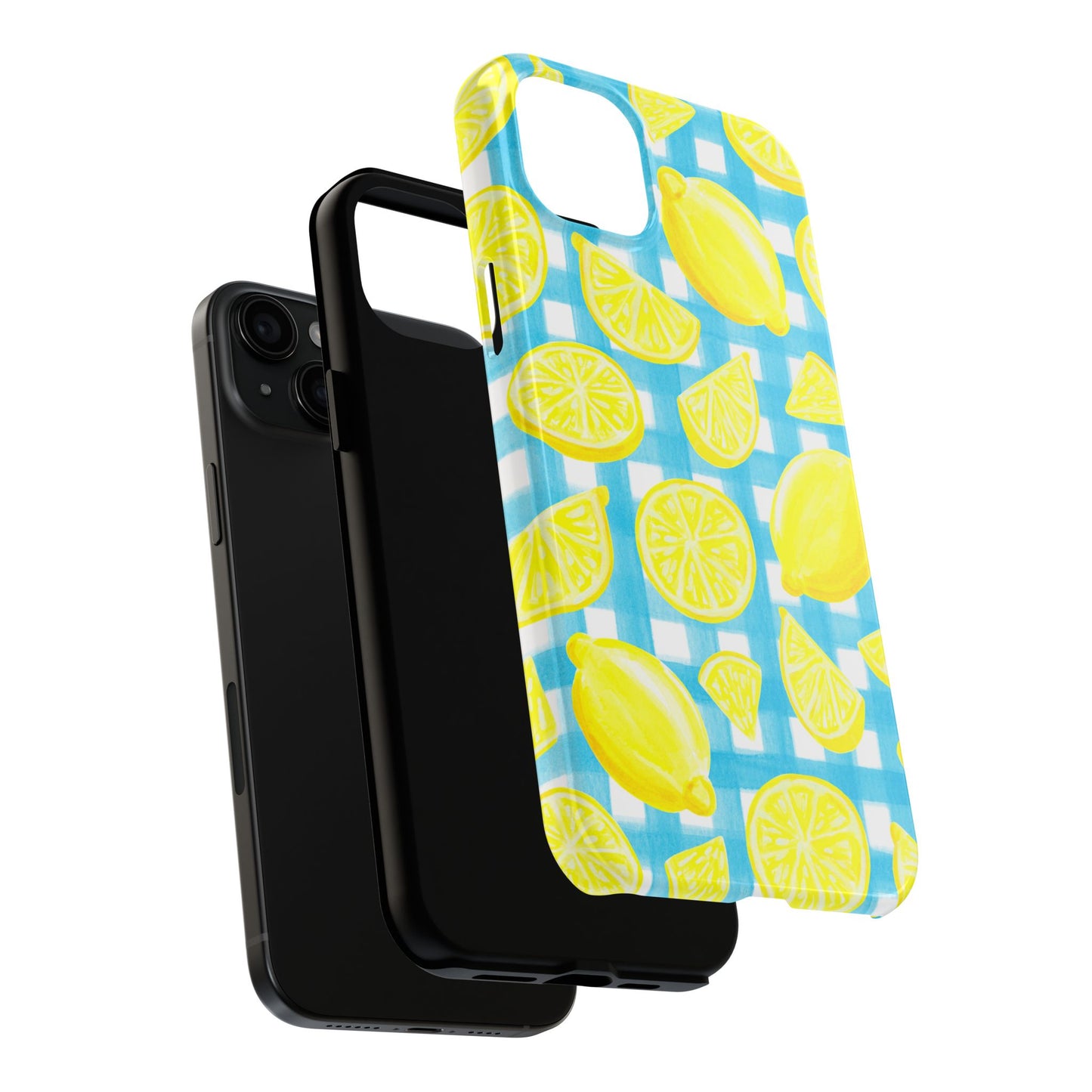 Bright Yellow Lemons Watercolor Illustrated Tossed Pattern Turquoise Gingham Tough Phone Case | Various Models