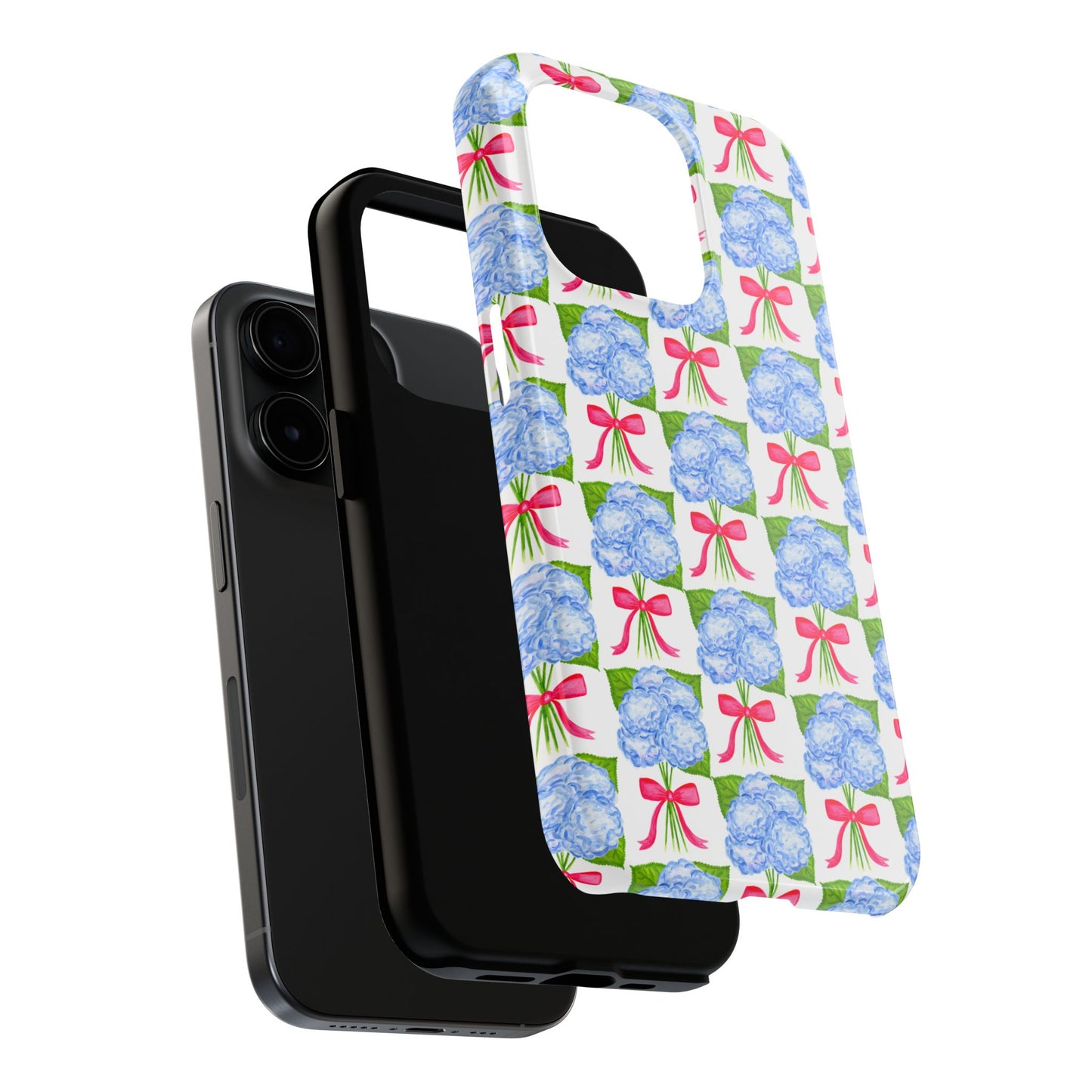 Blue Watercolor Hydrangea Bouquets with Hot Pink Bows Illustrated Patterned Tough Phone Case | Various Models