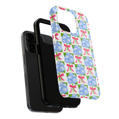 Blue Watercolor Hydrangea Bouquets with Hot Pink Bows Illustrated Patterned Tough Phone Case | Various Models