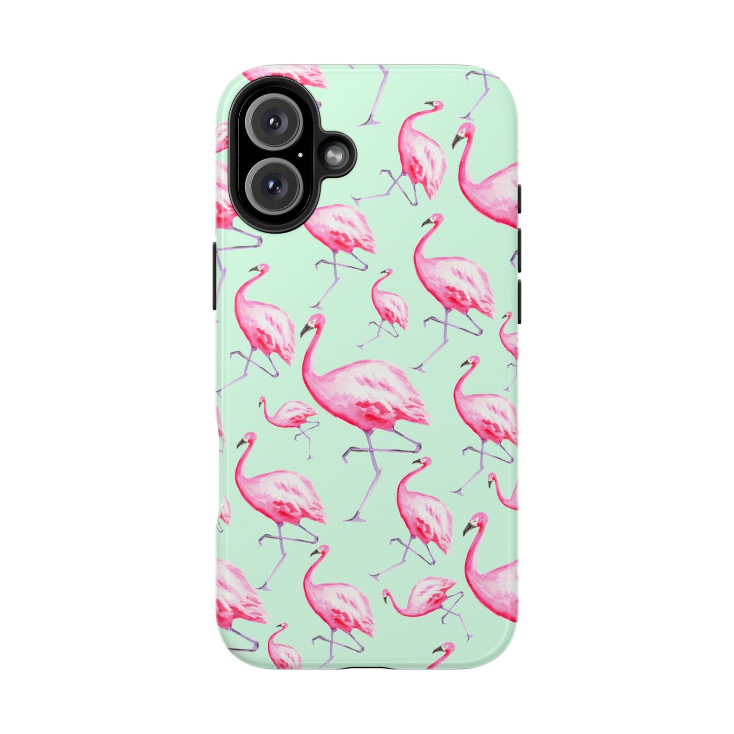 Pink Flamingos Watercolor Illustrated Tossed Pattern Green Phone Case | Various Models iPhone 16 Plus