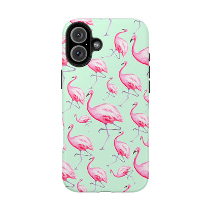 Pink Flamingos Watercolor Illustrated Tossed Pattern Green Phone Case | Various Models iPhone 16 Plus