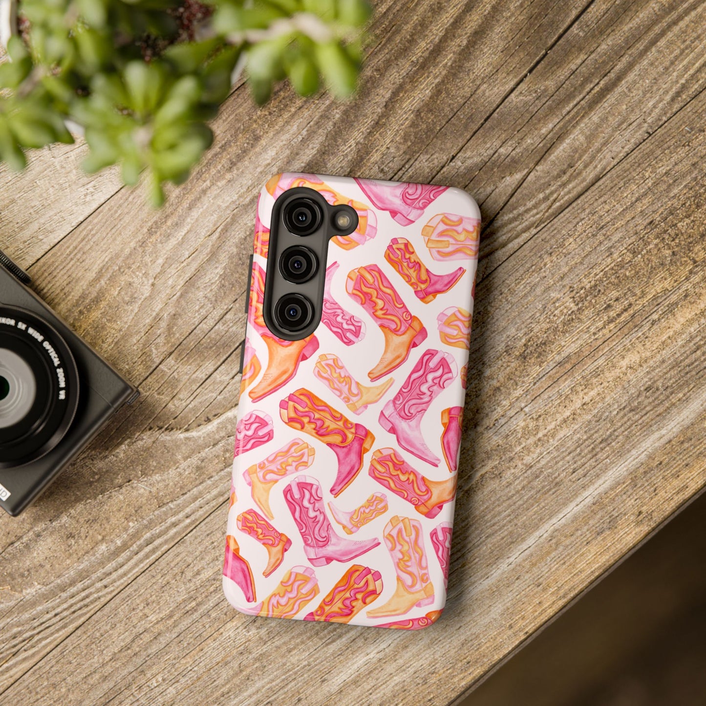 Tossed Hot Pink & Orange Watercolor Cowboy Boots Tough Light Pink Phone Case | Various Models Available