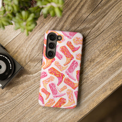 Tossed Hot Pink & Orange Watercolor Cowboy Boots Tough Light Pink Phone Case | Various Models Available