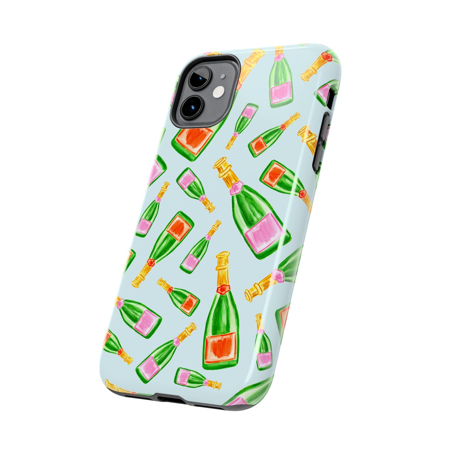 Tossed Pink and Green & Orange and Green Watercolor Illustrated Champagne Bottles Pattern Light Blue Tough Phone Case | Various Models