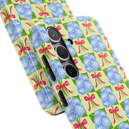 Blue Watercolor Hydrangea Bouquets with Hot Pink Bows Illustrated Patterned Yellow Preppy Grand Millenial Tough Phone Case | Various Models