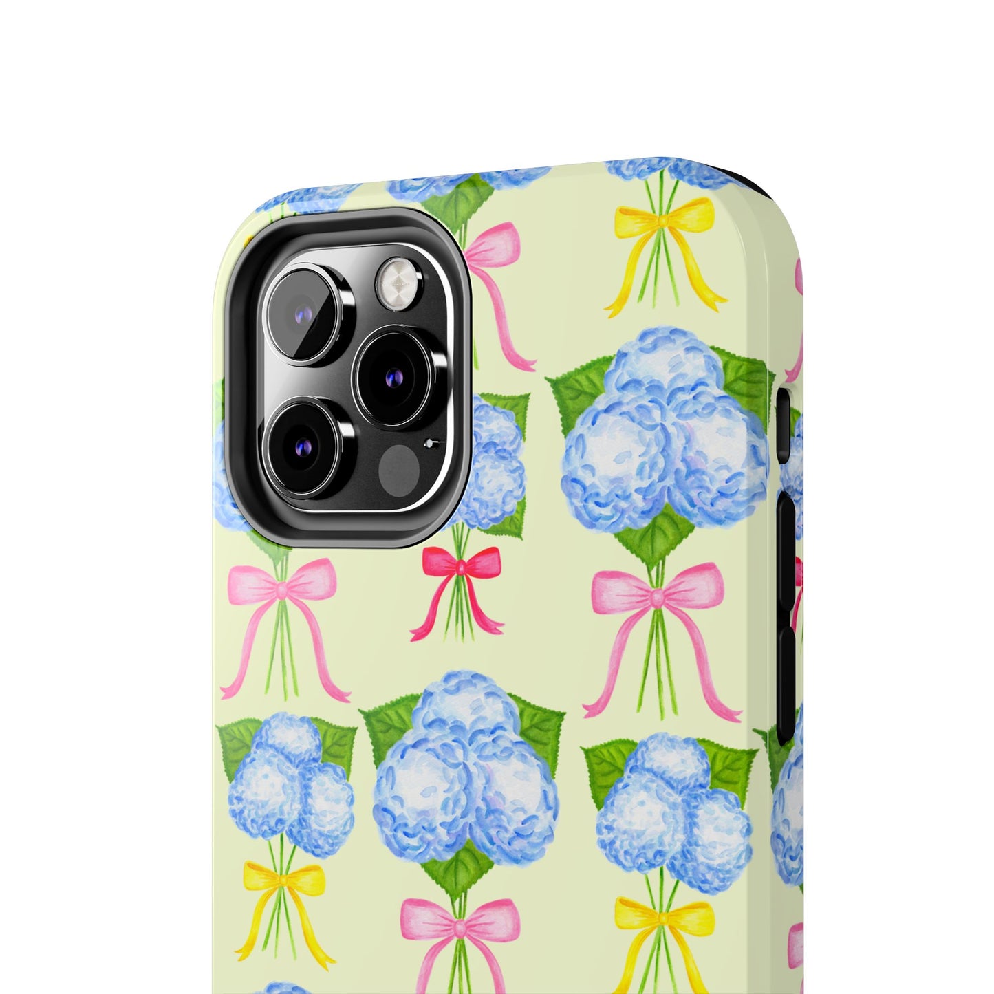Blue Hydrangeas with Hot Pink, Yellow, Light Pink Bows Watercolor Illustrated Patterned Light Yellow Tough Phone Case | Various Models