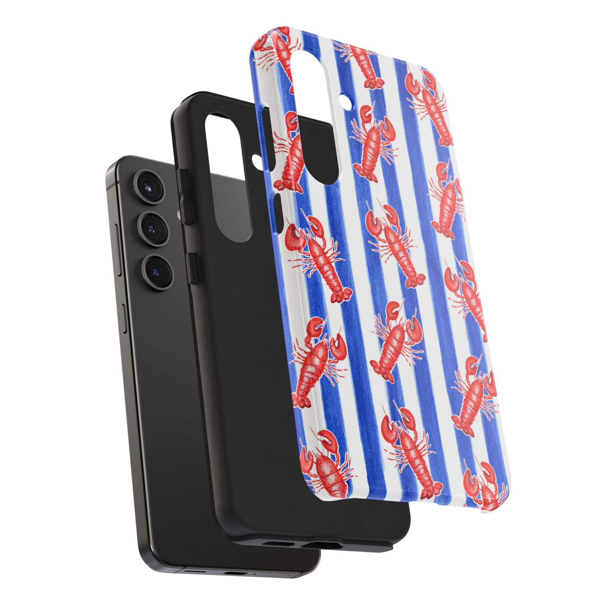 Blue & White Strip Red Lobster Watercolor Patterned Phone Case | Various Models
