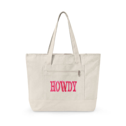 Hot Pink Howdy Watercolor Printed Zippered Canvas Tote 18" x 14" | Various Colors