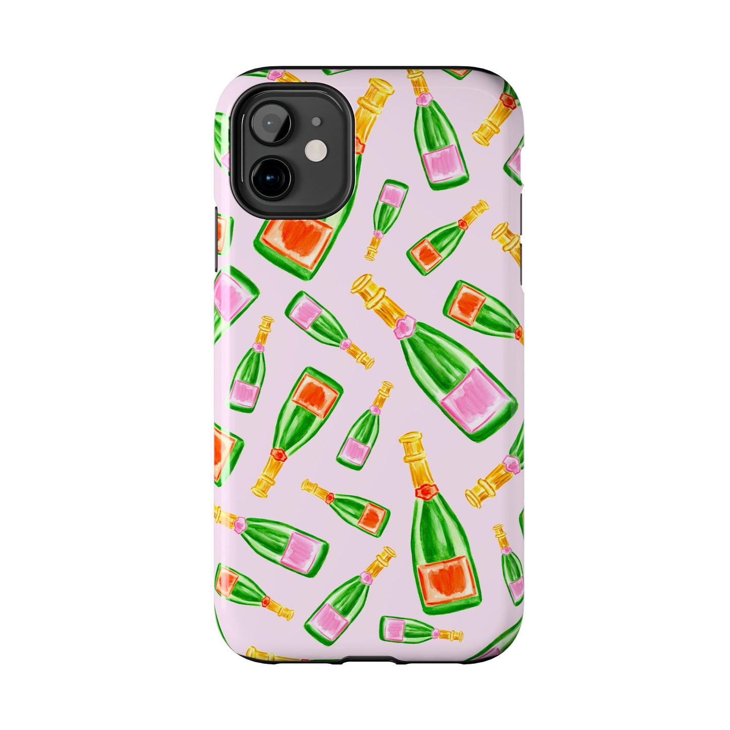 Tossed Pink and Green & Orange and Green Watercolor Illustrated Champagne Bottles Pattern Blush Pink Tough Phone Case | Various Models