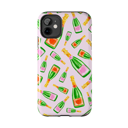 Tossed Pink and Green & Orange and Green Watercolor Illustrated Champagne Bottles Pattern Blush Pink Tough Phone Case | Various Models