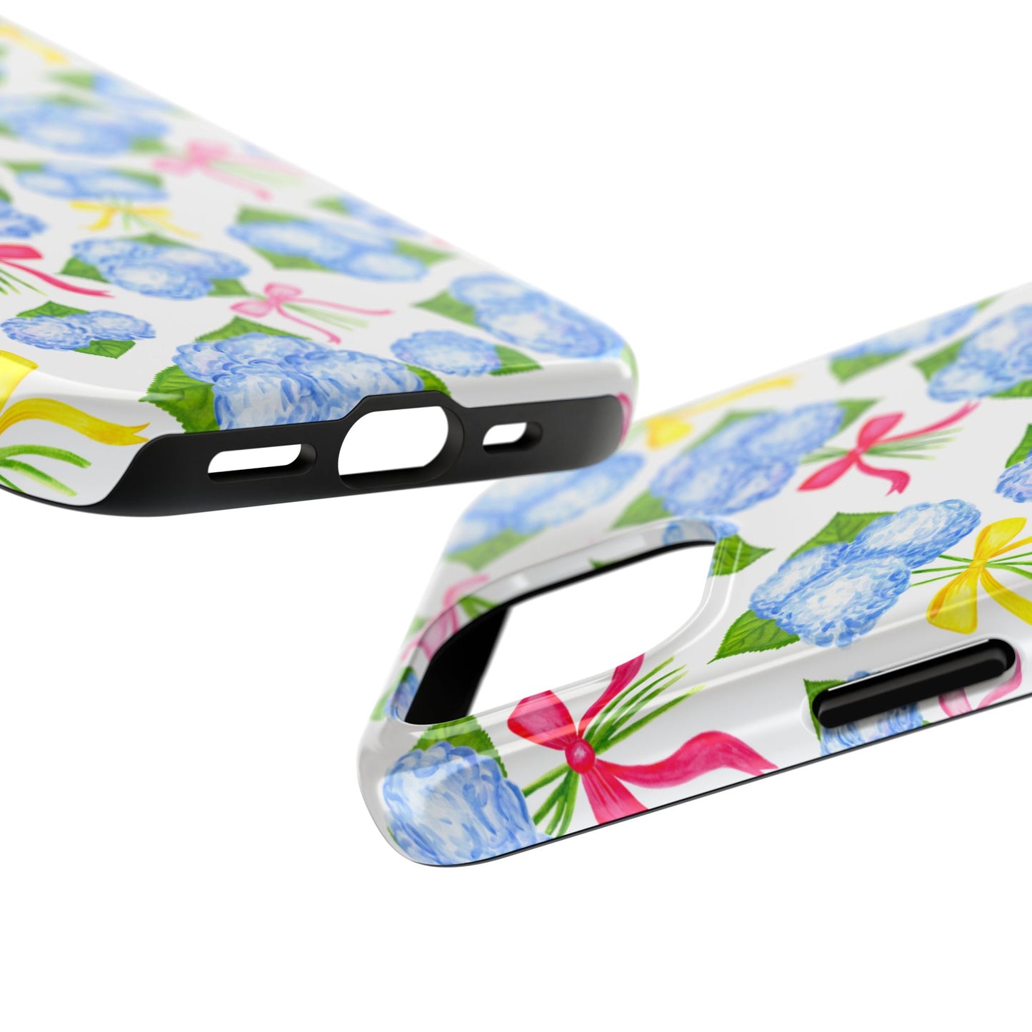 Blue Watercolor Hydrangea Bunches with Hot Pink, Yellow, Light Pink Bows Illustrated Patterned Tough Phone Case | Various Models