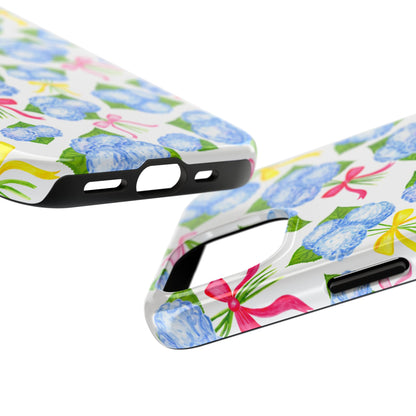 Blue Watercolor Hydrangea Bunches with Hot Pink, Yellow, Light Pink Bows Illustrated Patterned Tough Phone Case | Various Models