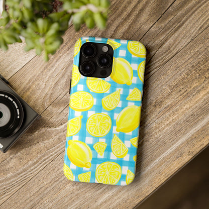 Bright Yellow Lemons Watercolor Illustrated Tossed Pattern Turquoise Gingham Tough Phone Case | Various Models