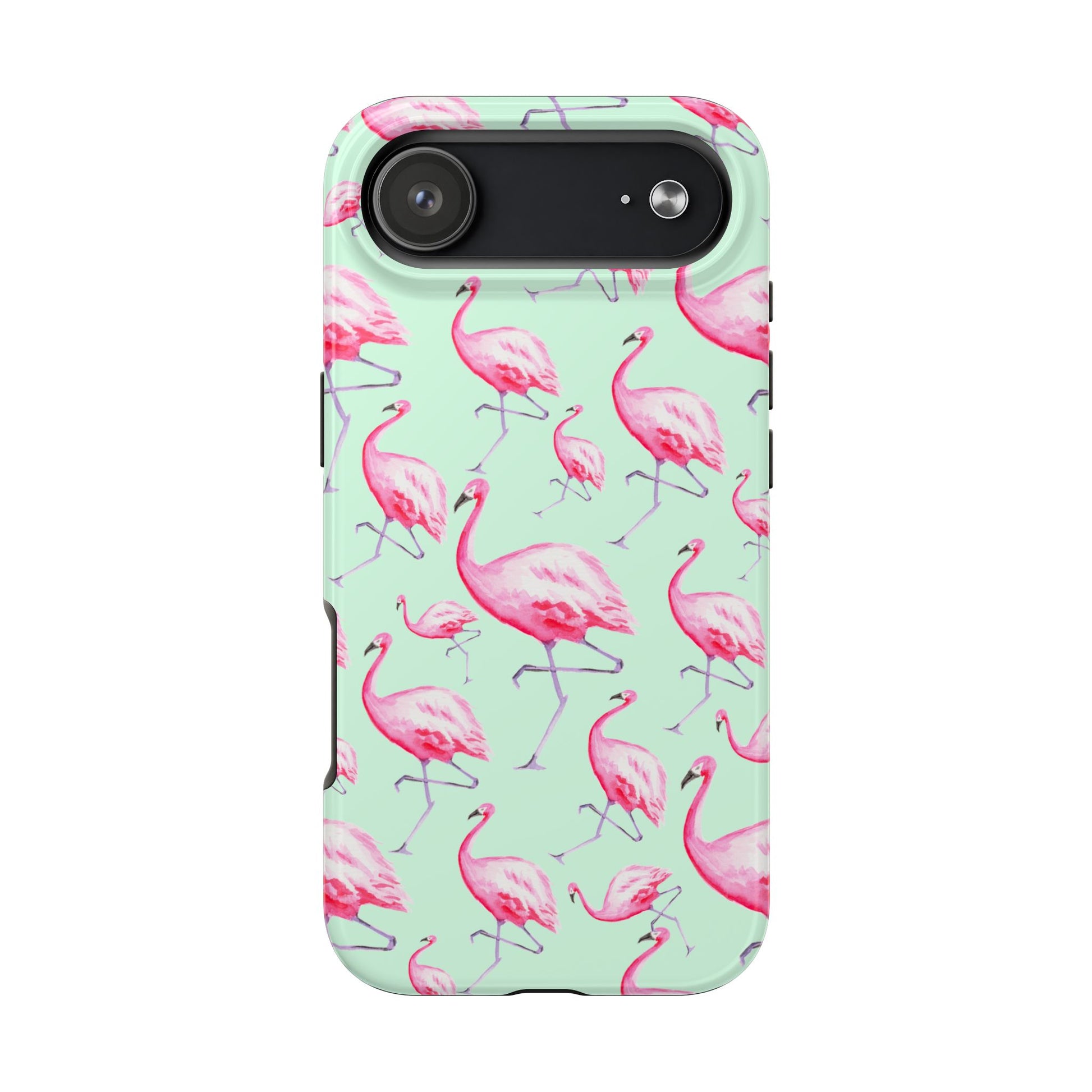 Pink Flamingos Watercolor Illustrated Tossed Pattern Green Phone Case | Various Models iPhone 17 Air
