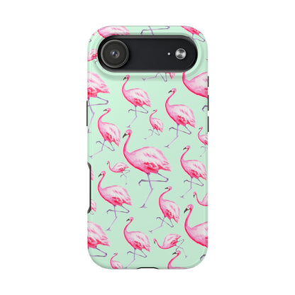 Pink Flamingos Watercolor Illustrated Tossed Pattern Green Phone Case | Various Models iPhone 17 Air