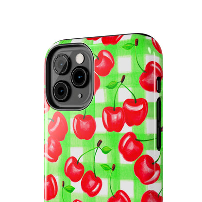 Red Tossed Cherries Green Gingham Watercolor Illustrated Tough Phone Case | Various Models Available