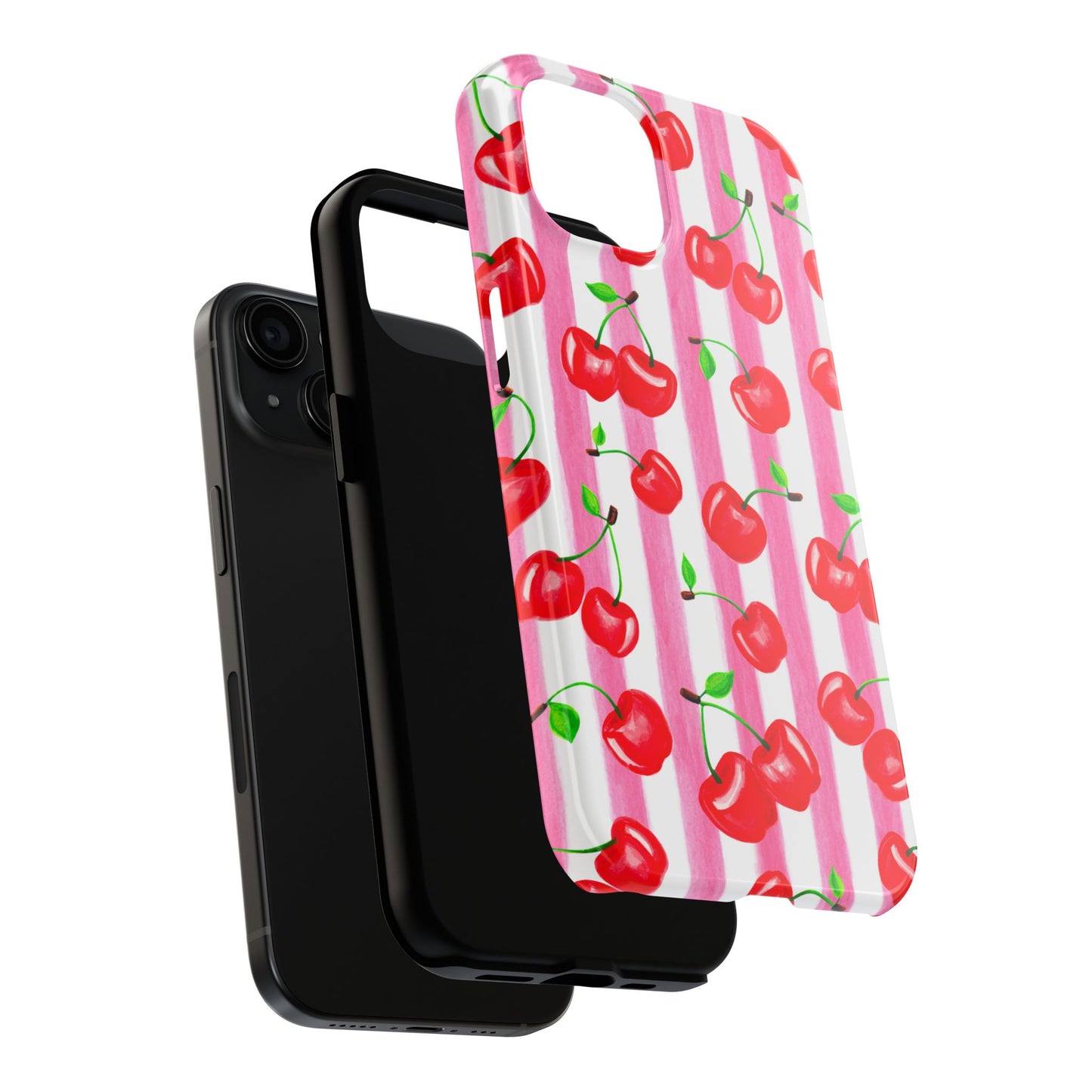 Tossed Red Watercolor Cherries Illustrated Pattern Light Pink Stripes Tough Phone Case | Various Models