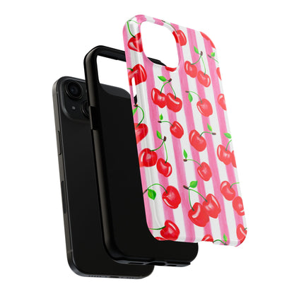 Tossed Red Watercolor Cherries Illustrated Pattern Light Pink Stripes Tough Phone Case | Various Models