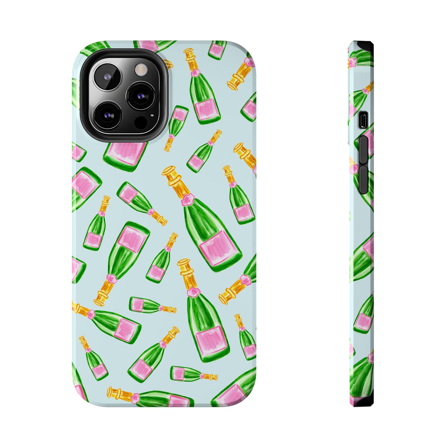 Tossed Pink and Green Watercolor Illustrated Champagne Bottles Pattern Light Blue Tough Phone Case | Various Models