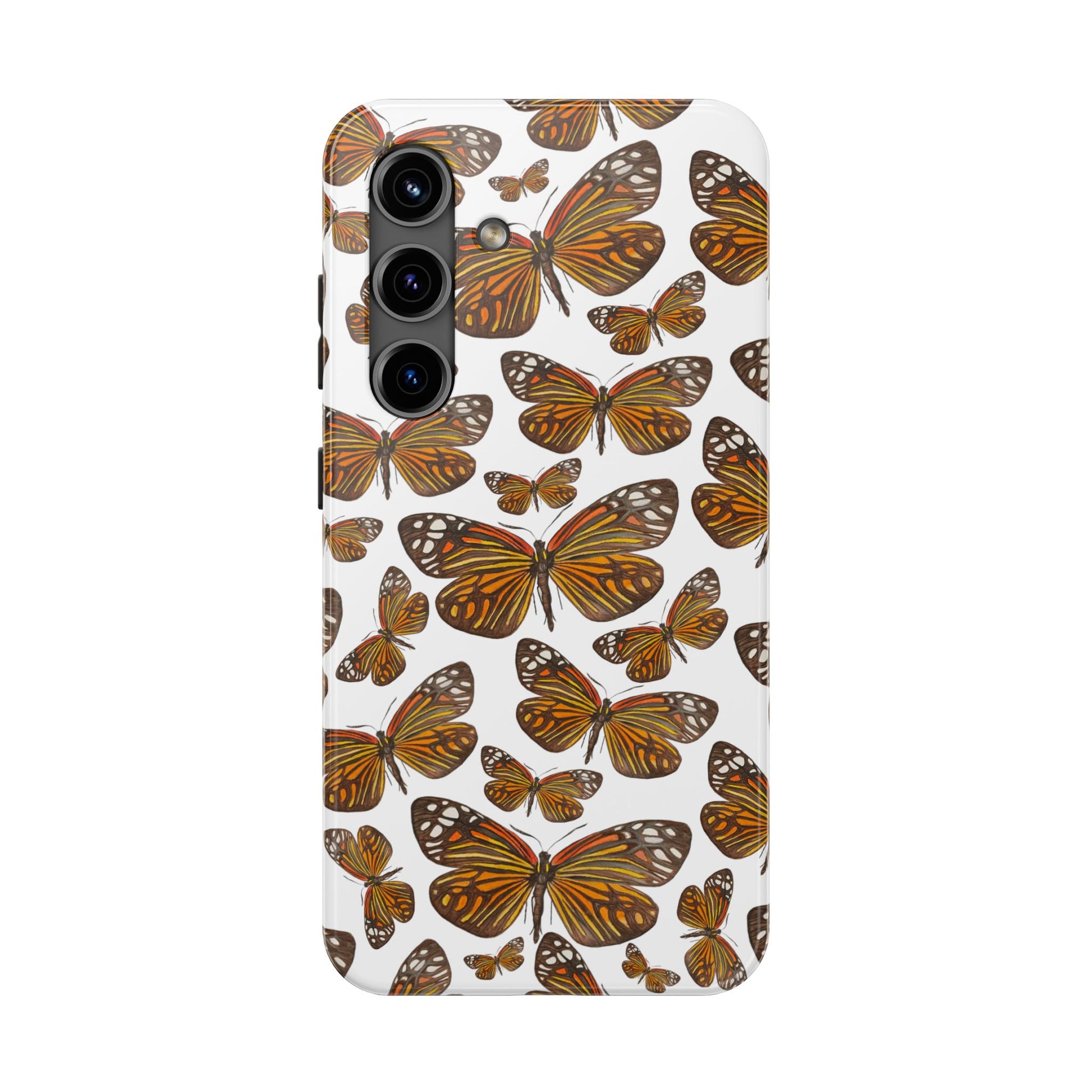 Black & Orange Butterfly Watercolor Illustrated Tossed Pattern Tough Phone Case | Various Models Samsung Galaxy S24