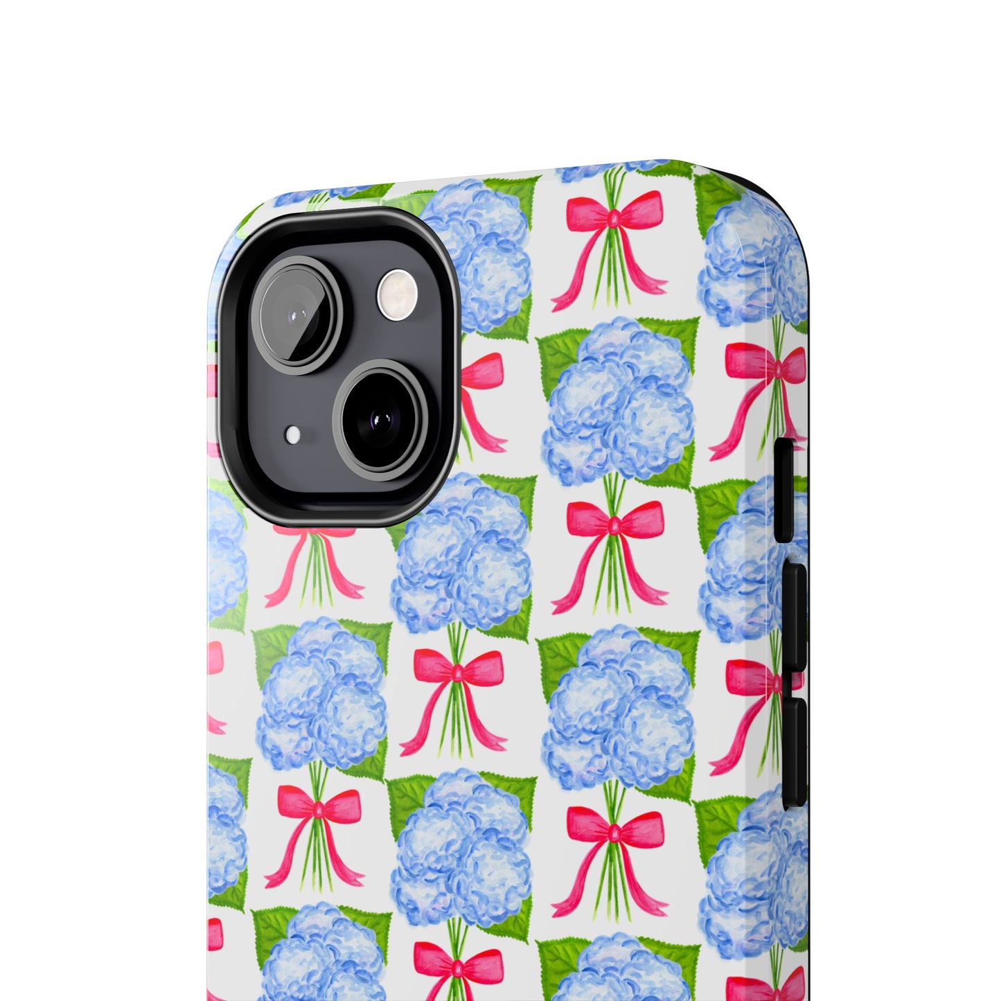 Blue Watercolor Hydrangea Bouquets with Hot Pink Bows Illustrated Patterned Tough Phone Case | Various Models